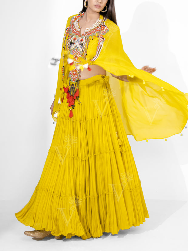 Yellow Silk Embroidered Lehenga Set