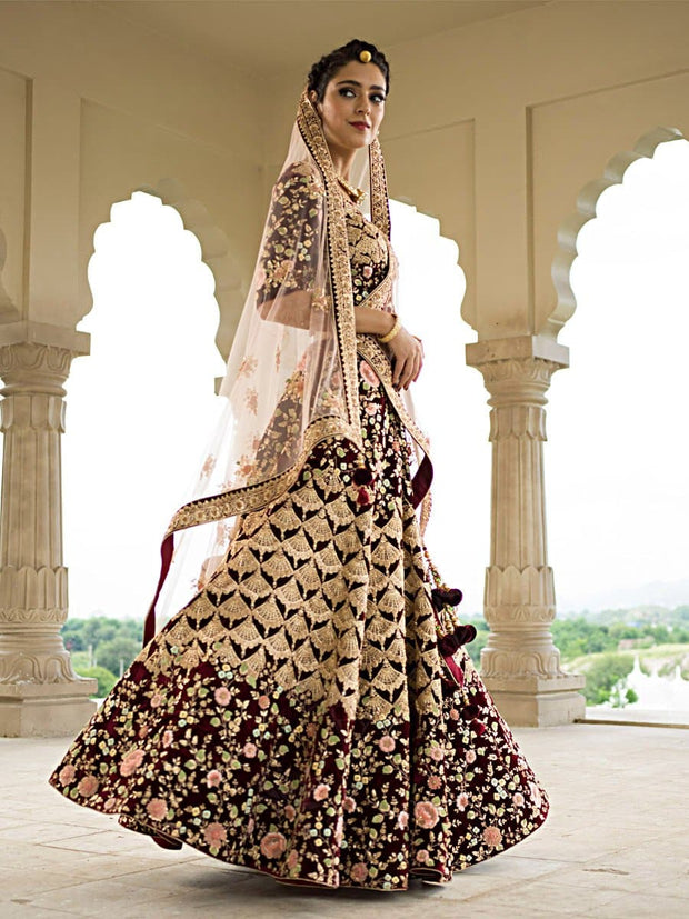 Maroon Velvet Lehenga