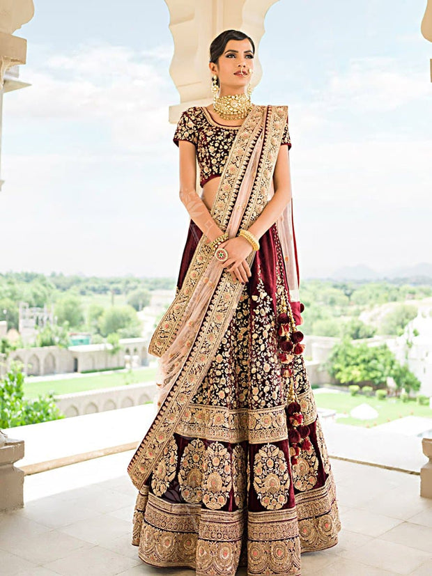 Maroon Velvet Bridal Lehenga