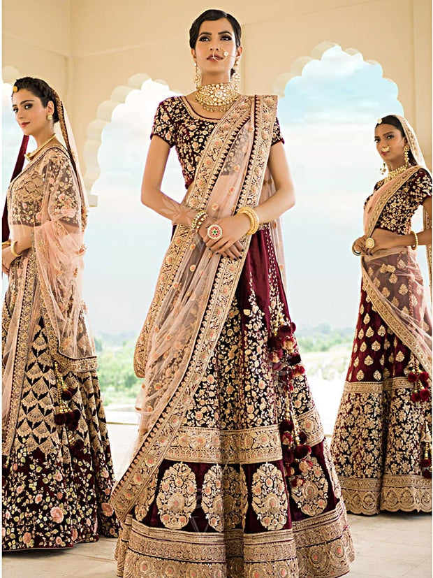 Maroon Velvet Bridal Lehenga