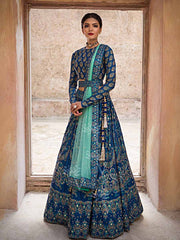 Blue Silk Pearl Brush Lehenga with Belt