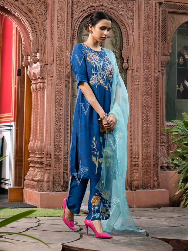 Blue Vasansi Silk Embroidered Suit Set