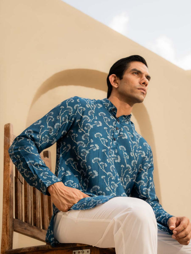 Coastal Bloom Blue Ganganagery Kurta