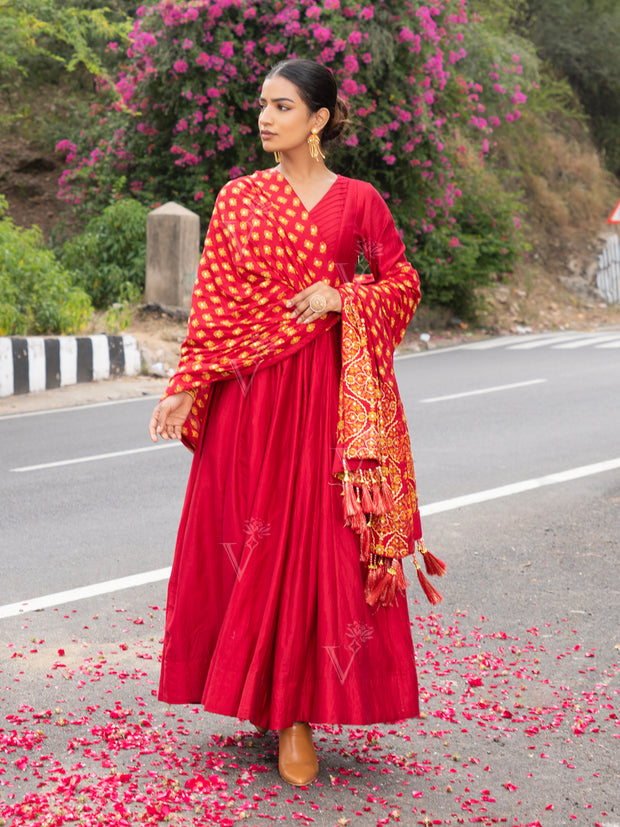 Red Vasansi Silk Anarkali Suit Set