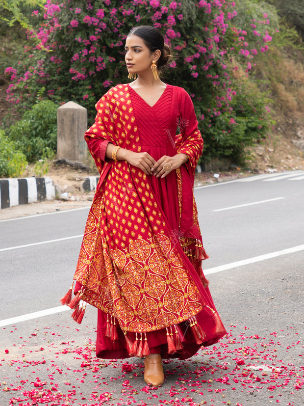 Red Vasansi Silk Anarkali Suit Set