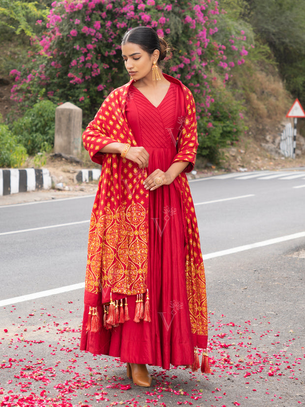 Red Vasansi Silk Anarkali Suit Set