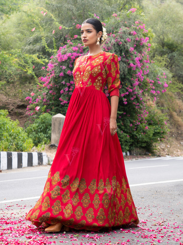 Red Vasansi Silk Printed Anarkali Gown