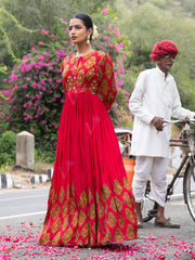 Red Vasansi Silk Printed Anarkali Gown