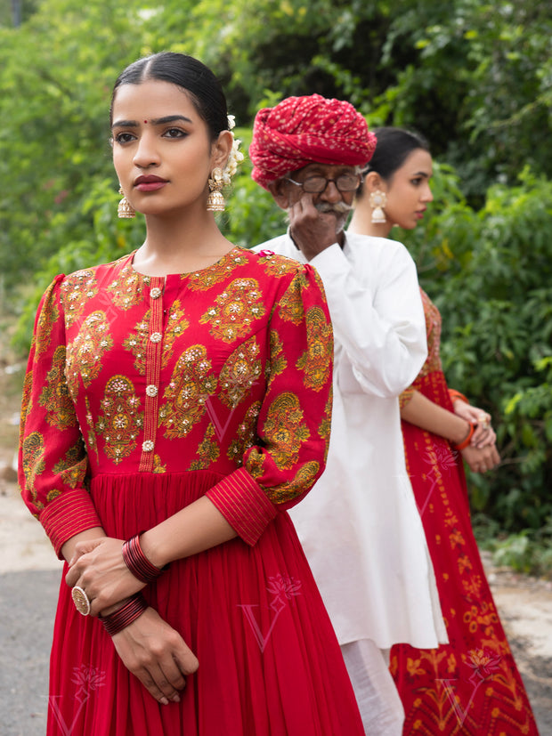 Red Vasansi Silk Printed Anarkali Gown