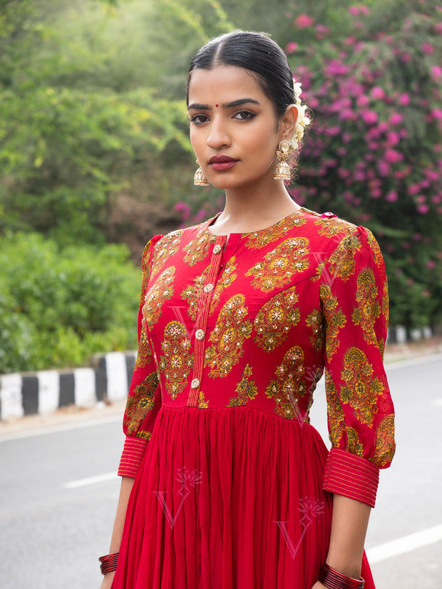 Red Vasansi Silk Printed Anarkali Gown