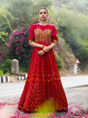 Red Vasansi Silk Printed Anarkali Gown