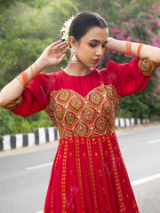 Red Vasansi Silk Printed Anarkali Gown