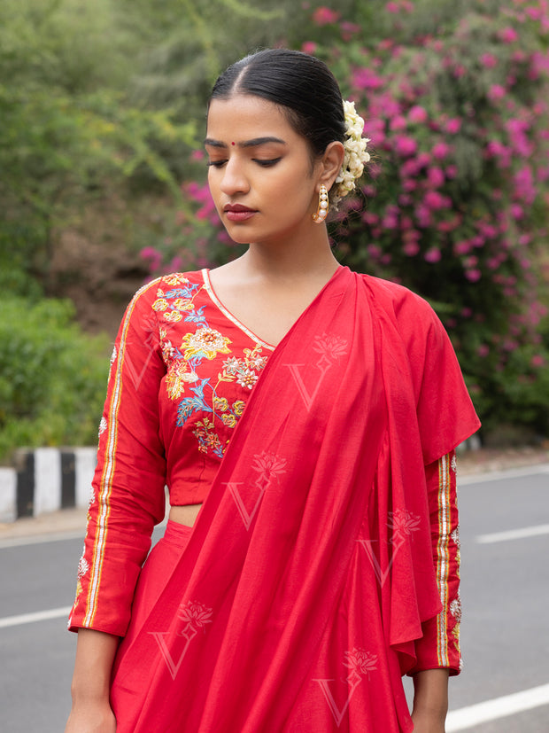 Red Vasansi Silk Pre-Drape Frill Saree