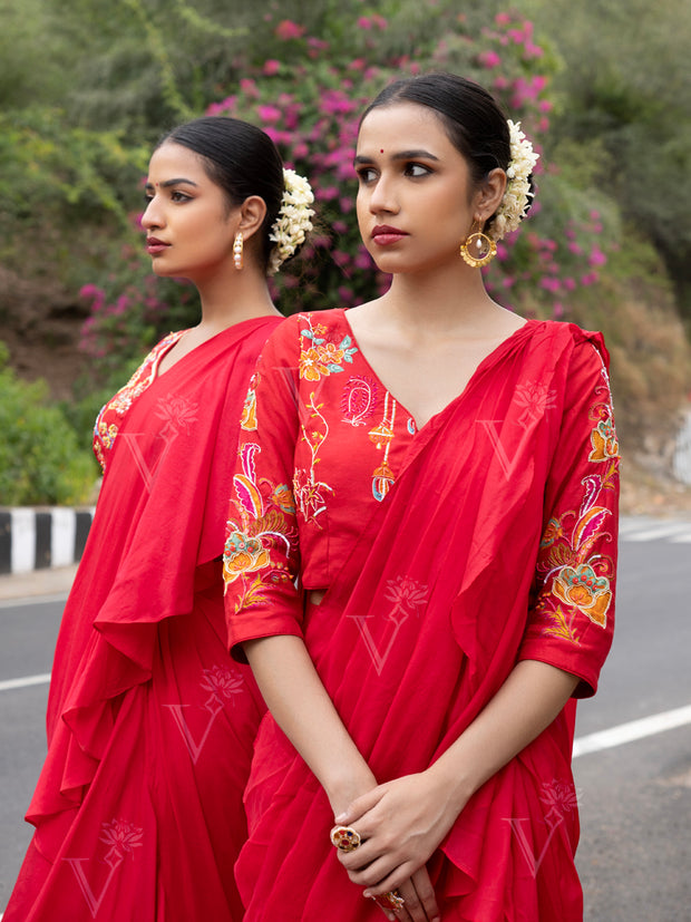 Red Vasansi Silk Pre-Drape Frill Saree