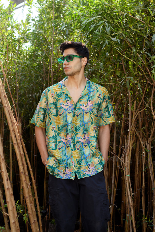 Lilly Green Leaf A- Fine Silk - Oversize Hawaiin Collar Shirt For Men