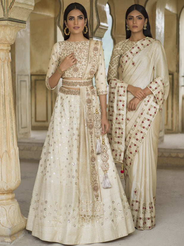 Off White Pure Tussar Lehenga