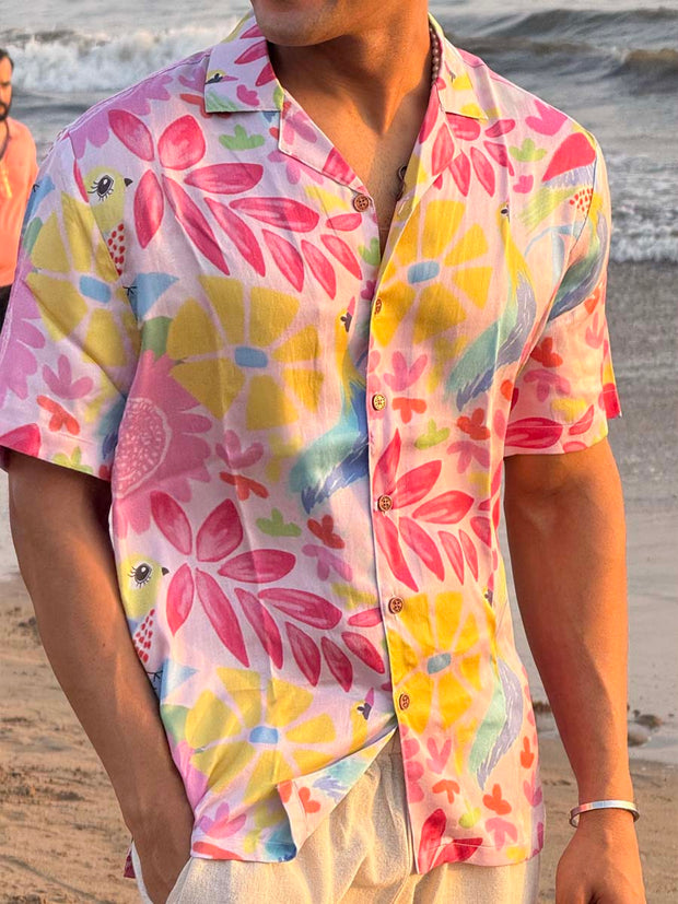 Birdsong Bliss Relaxed Fit Cuban Collar Shirt