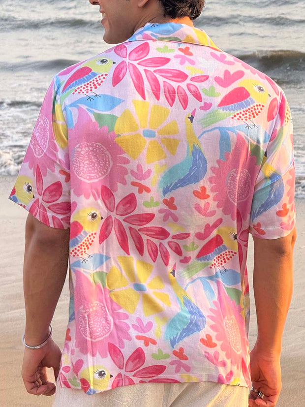 Birdsong Bliss Relaxed Fit Cuban Collar Shirt