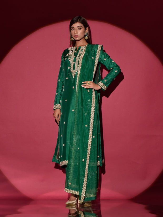 Green Silk Embroidered Suit Set