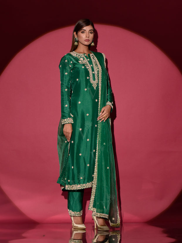 Green Silk Embroidered Suit Set