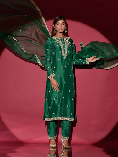 Green Silk Embroidered Suit Set