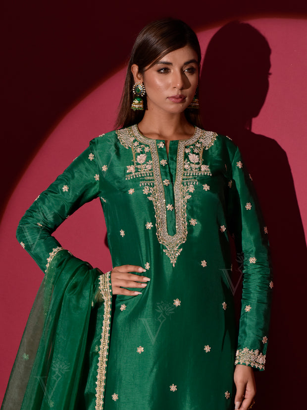 Green Silk Embroidered Suit Set