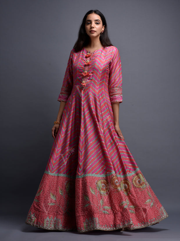 Pink Vasansi Silk Leheriya Anarkali Gown