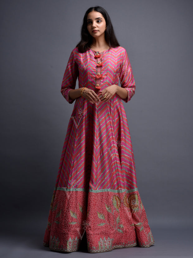 Pink Vasansi Silk Leheriya Anarkali Gown