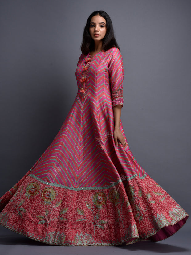 Pink Vasansi Silk Leheriya Anarkali Gown