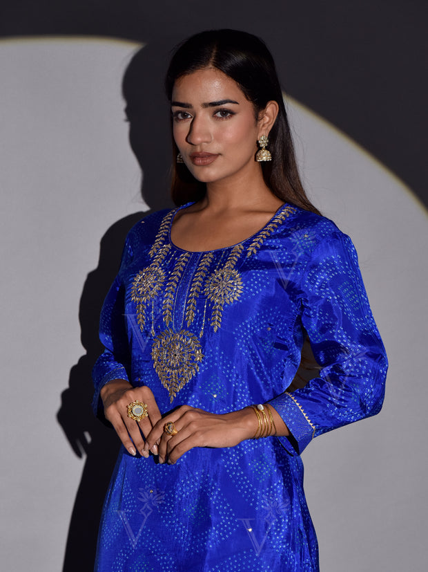 Blue Bandhani Printed Vasansi Silk Kurti