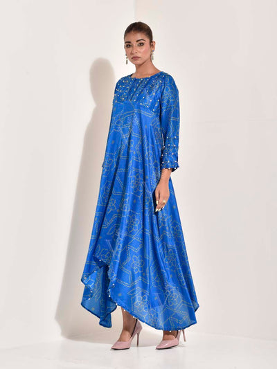 Blue Bhandej Printed Vasansi Silk Asymmetric Kurta Set