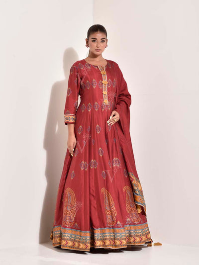 Maroon Vasansi Silk Printed Anarkali Gown