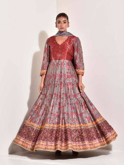 Grey Vasansi Silk Printed Anarkali Gown