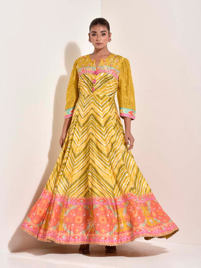 Lime Vasansi Silk Printed Leheriya Anarkali Gown