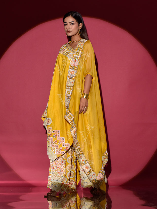 Yellow One Shoulder with Cape and Palazzo Set