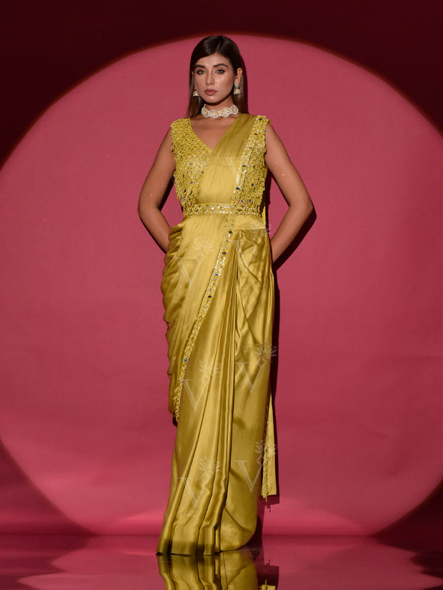 Yellow Satin Silk Drape Saree