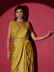 Yellow Satin Silk Drape Saree