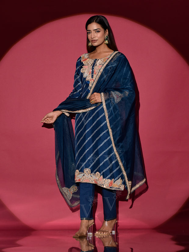 Blue Silk Embroidered Suit Set