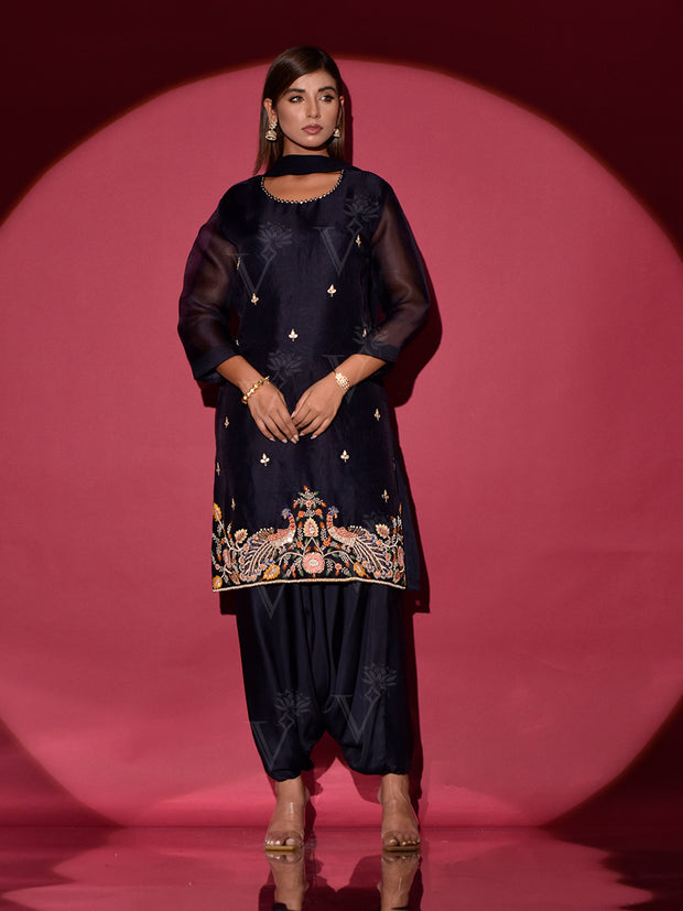 Black Silk Embroidered Kurta and Harem Pants Set