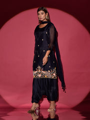 Black Silk Embroidered Kurta and Harem Pants Set