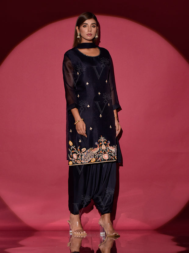 Black Silk Embroidered Kurta and Harem Pants Set