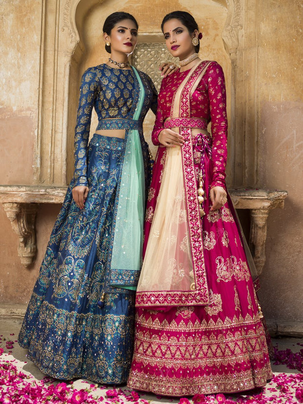 Blue Silk Pearl Brush Lehenga with Belt