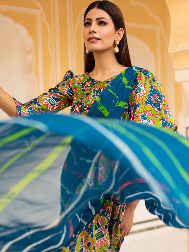 Blue Leheriya Patola Pre Draped Saree