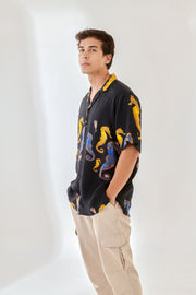 Sea horse Black Oversize Hawaiian Collar Shirt