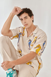 Seahorse White Oversize Hawaiian Collar Shirt