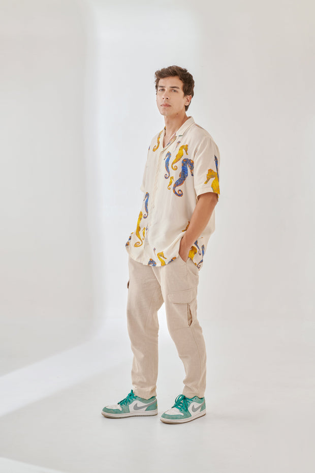 Seahorse White Oversize Hawaiian Collar Shirt