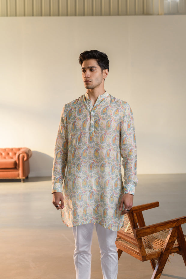 Paisley Cream White - Russian Silk- Ganganagry Kurta For Men