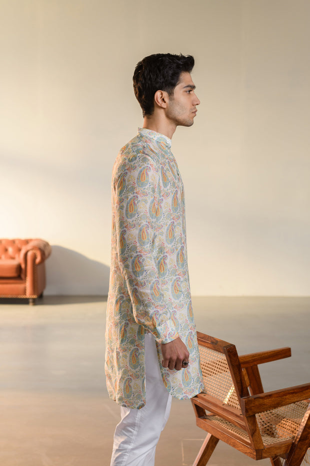 Paisley Cream White - Russian Silk- Ganganagry Kurta For Men