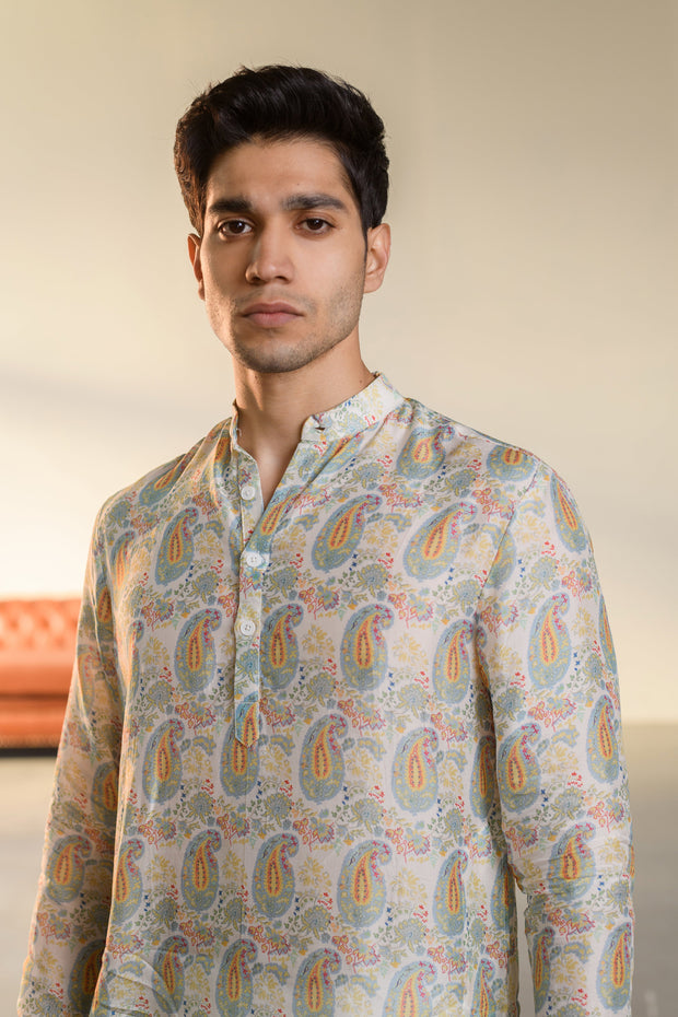 Paisley Cream White - Russian Silk- Ganganagry Kurta For Men