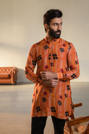 Floral Orange - Russian Silk  - Ganganagry Kurta For Men